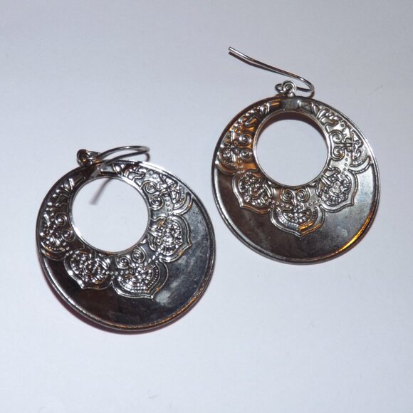 Pink Hanging Circle Dangle Hoop Earrings Eastern Asian Indian Silver Statement - Picture 2 of 2